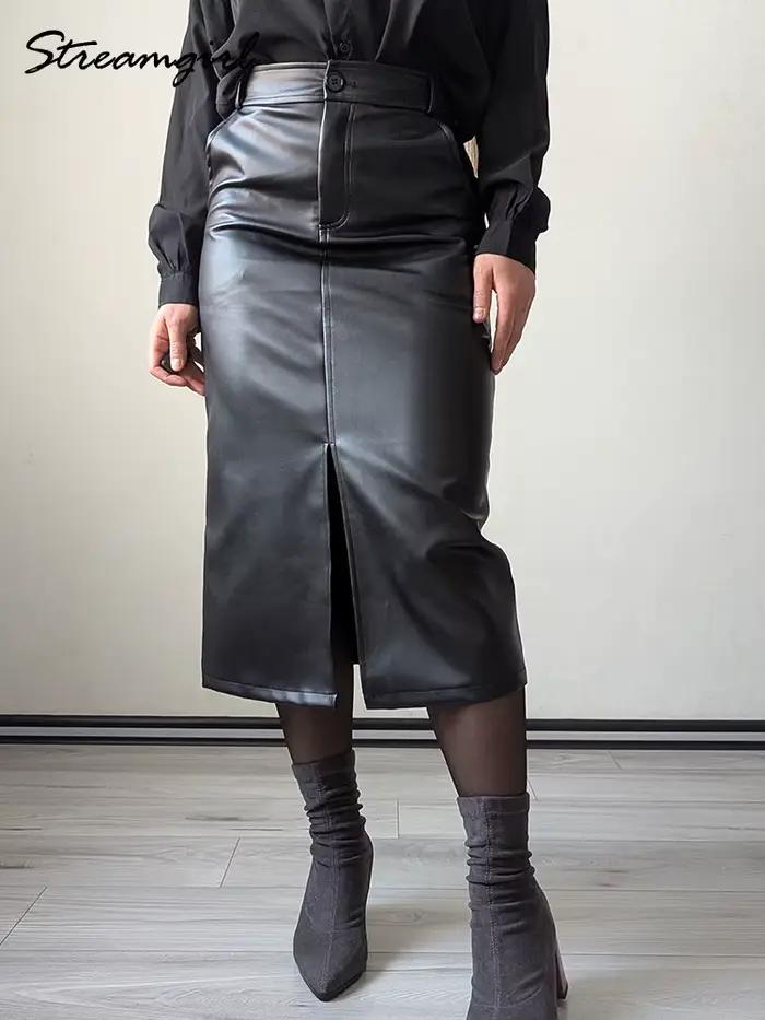 Jupes longues en cuir pour femmes marron haute qualité PU Midi jupe moulante avant fendu taille