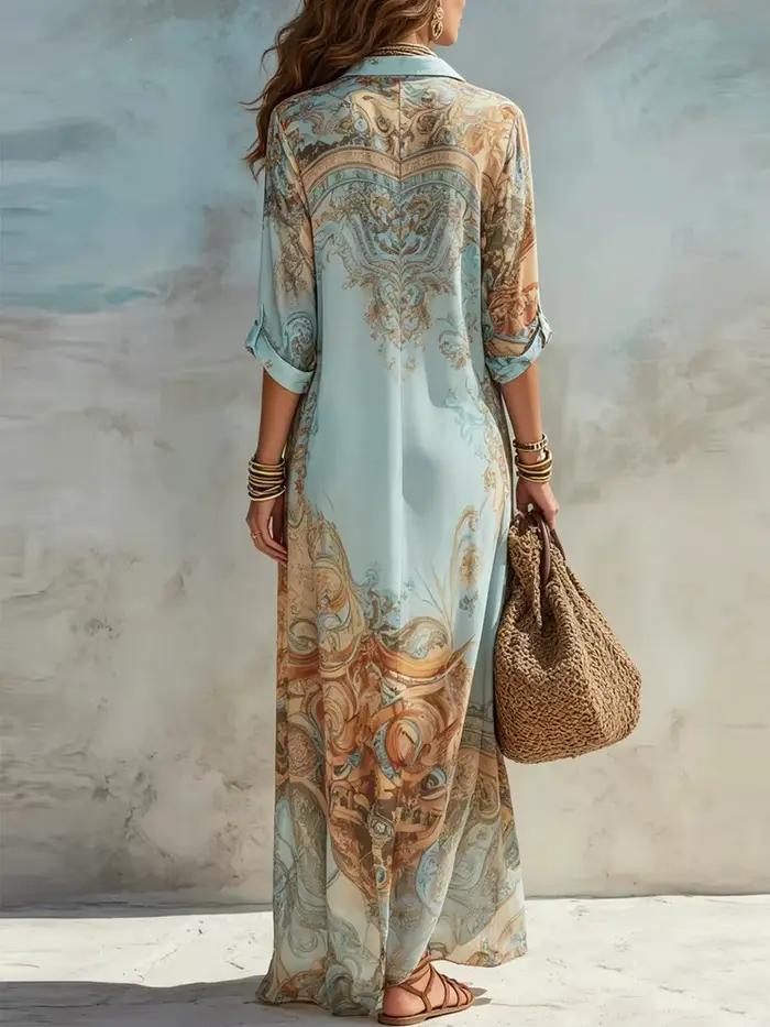 Robe chemise élégante pour femme en mousseline de soie à imprimé numérique, col rabattu, simple boutonnage, fluide, décontractée, style bohème, vêtement d'été