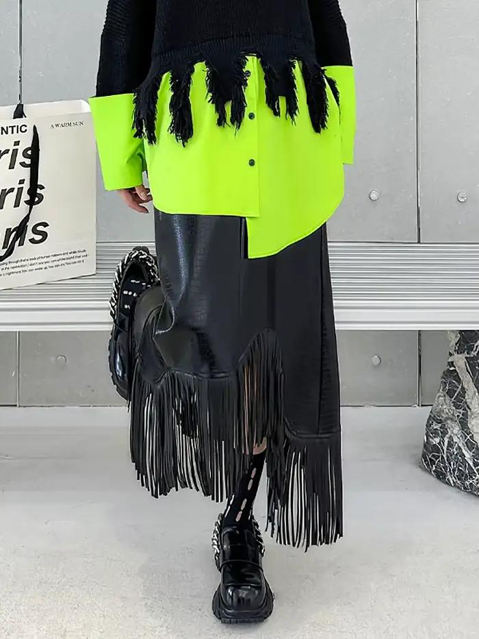 [EWQ] taille élastique jupe à franges noir à la mode vêtements pour femmes élégant
