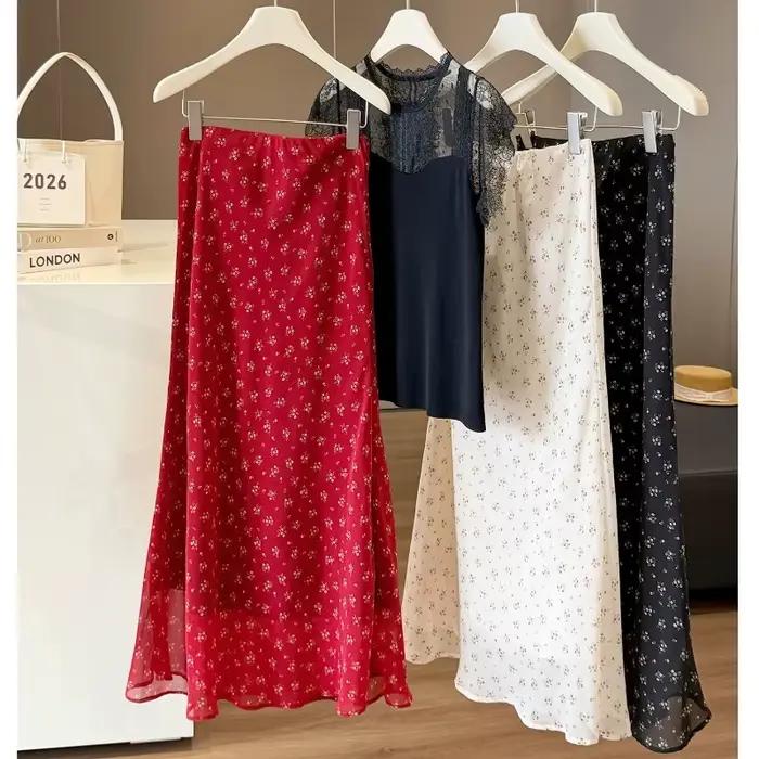 Jupe midi florale d'été pour femme en mousseline rouge respirante