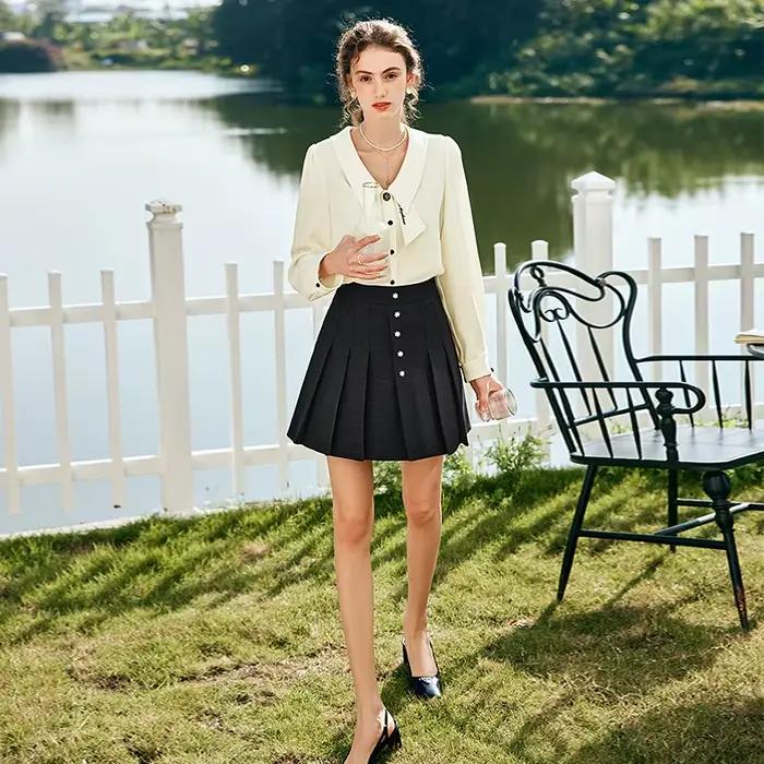 Jupe plissée noire OLrain pour femme, style français, taille haute, fermeture éclair, coupe trapèze, mini-jupe d'été 2026, pour le bureau O23CB69035