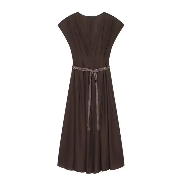 Robe midi élégante en satin marron pour femme, à manches courtes, col en V, avec ceinture à franges tressées et lien à nouer à la taille, couleur unie