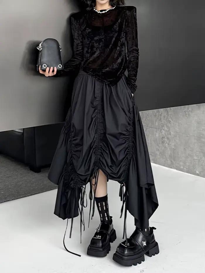 [EAM] taille haute élastique noir ourlet irrégulier cordon demi-corps jupe femmes mode marée nouveau printemps automne 2026 1DJ0643