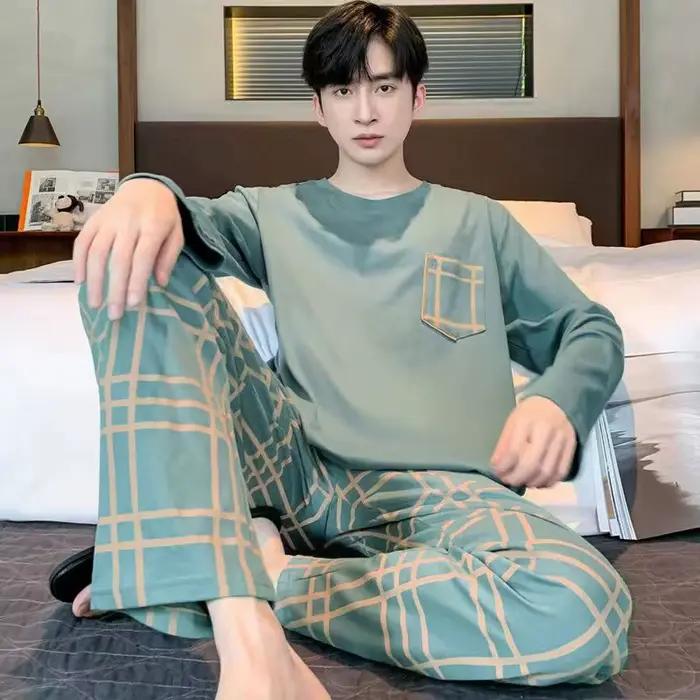 Pyjamas hommes manches longues et pantalons printemps et automne Style Simple et respirant vêtements de nuit étudiant jeunesse vêtements de détente vêtements de nuit