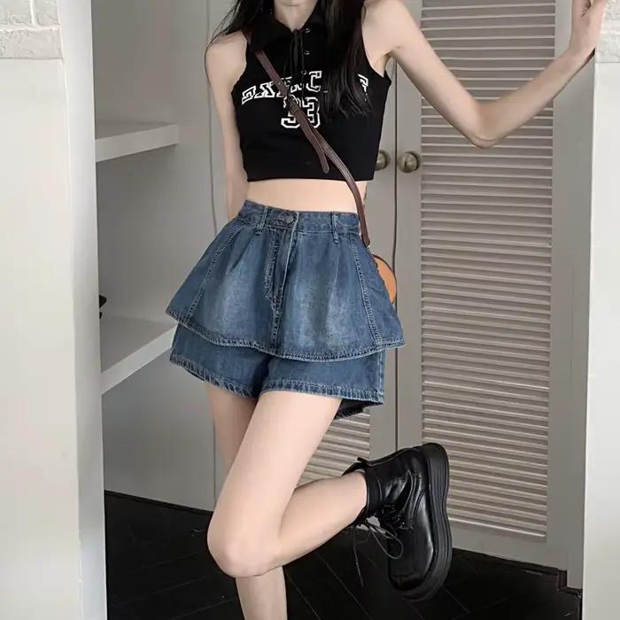 Jupe en jean rétro américaine taille haute pour femme