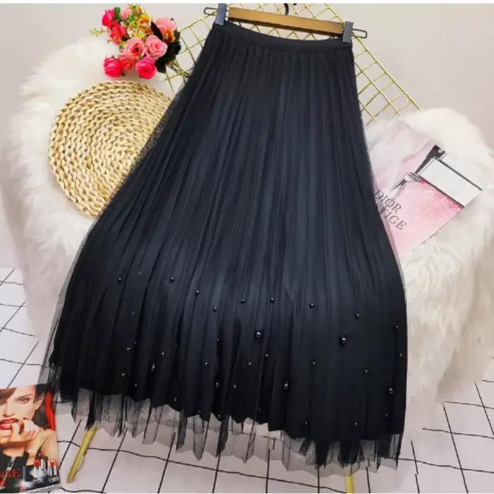 Jupe plissée en tulle mi-longue à taille haute pour femme
