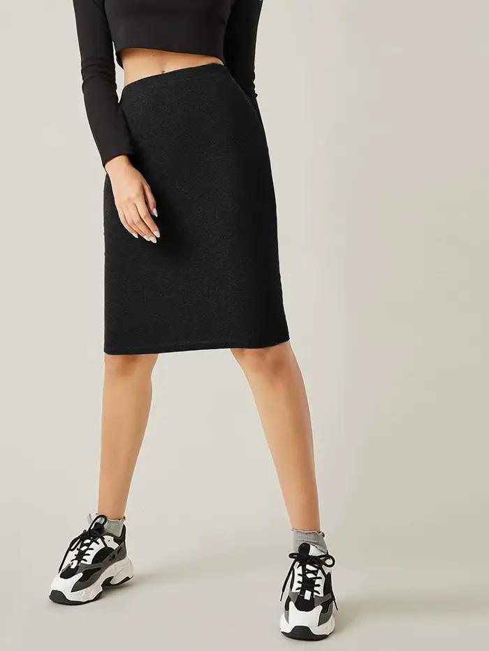 Jupe crayon mi-longue noire taille haute extensible pour femme