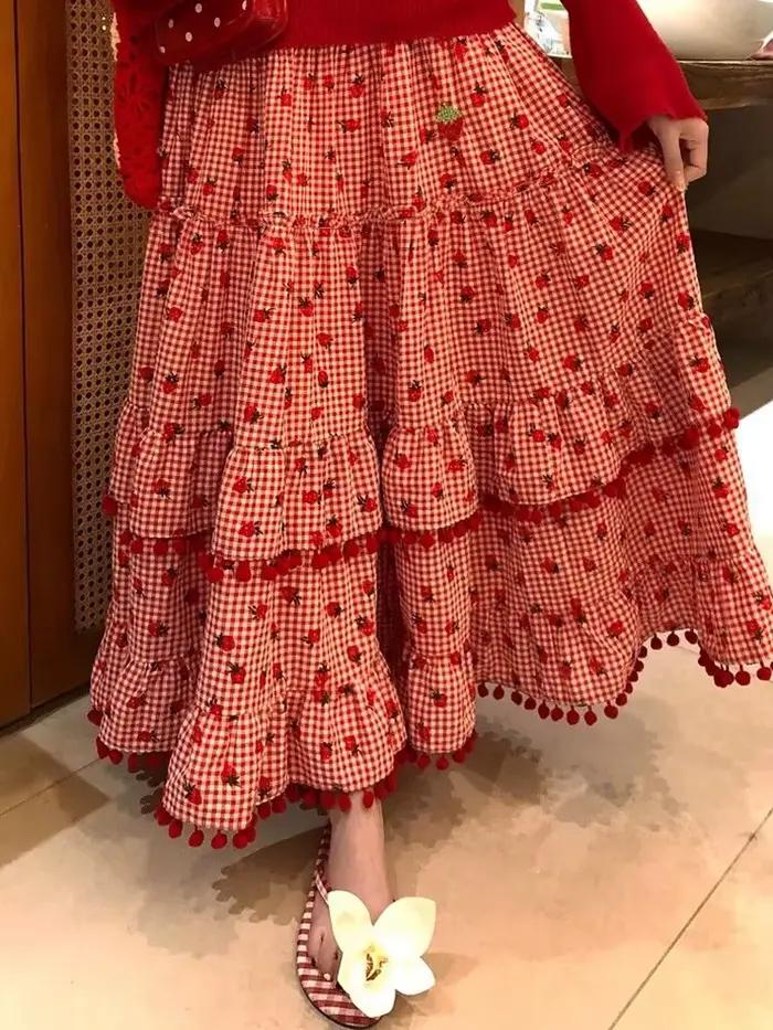 Jupe longue à carreaux fraise mignonne pour femme, taille haute, ample, style gâteau, printemps, style preppy, kawaii, vintage