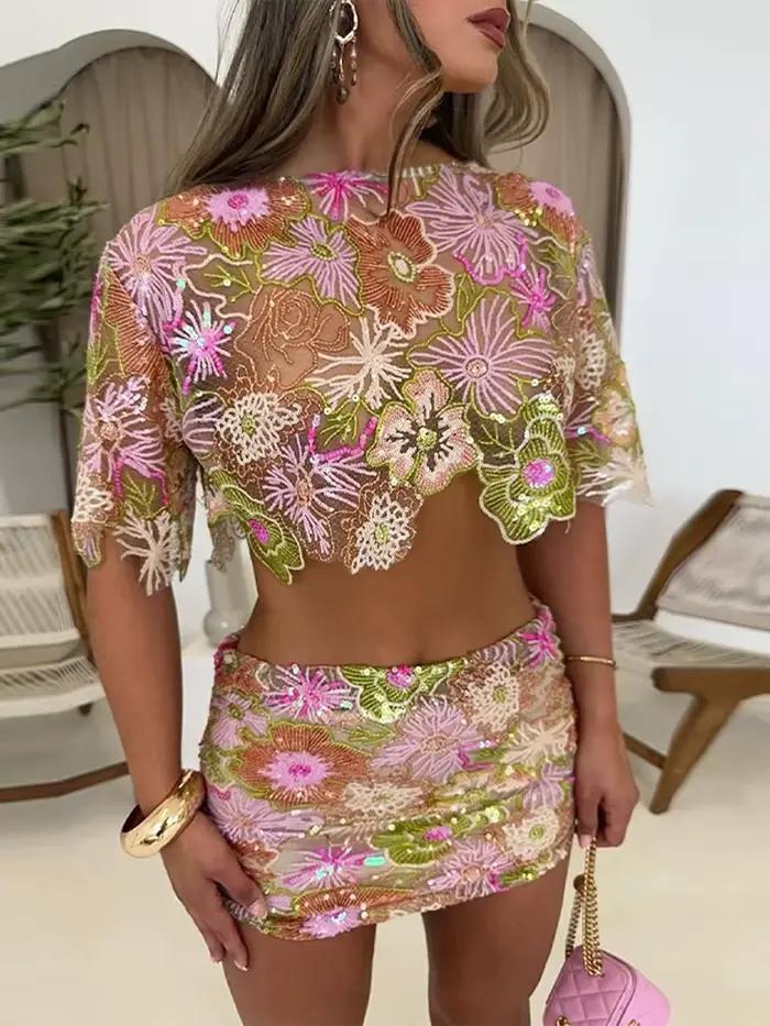 Rétro brodé paillettes haut jupe longue ensemble dame Sexy irrégulière hauts courts Perspective perles jupes ensembles femmes 2025 Chic rue