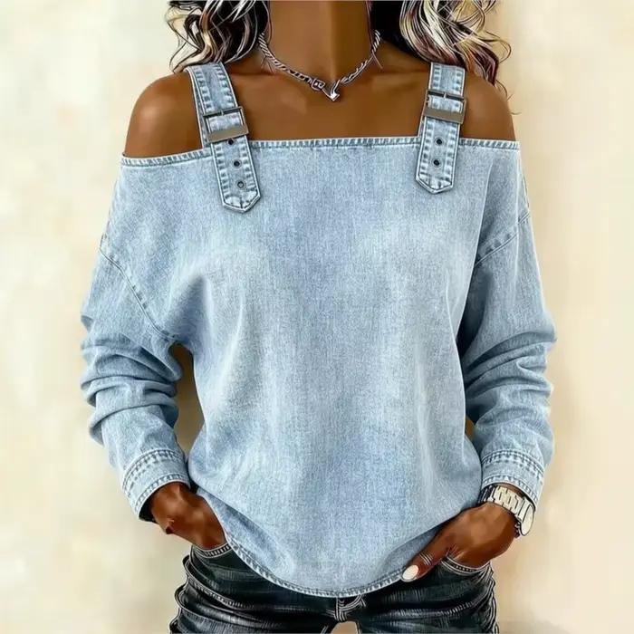 Haut en jean pour femme, élégant, à épaules dénudées, à manches longues avec bretelles, chemise en jean élégante et polyvalente, streetwear pour femme
