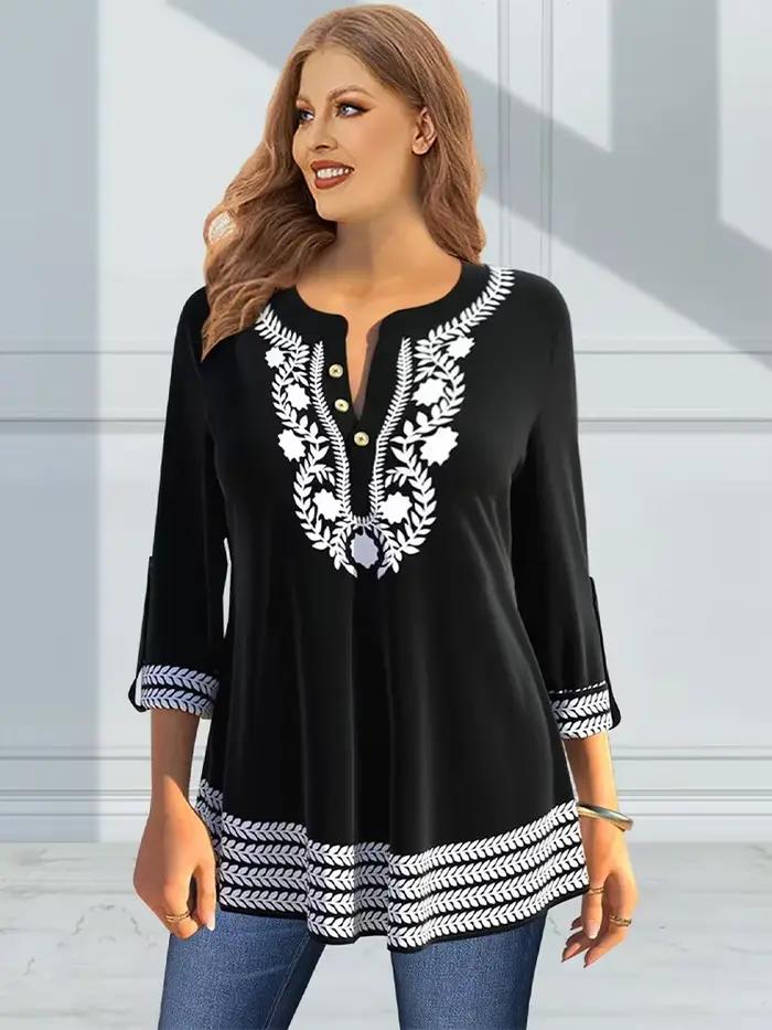 Chemisier Tunique Vintage Grande Taille pour Femme, Manches 3/4, Col Cranté avec Boutons Dorés, Coupe Ample Décontractée avec Bordure Florale