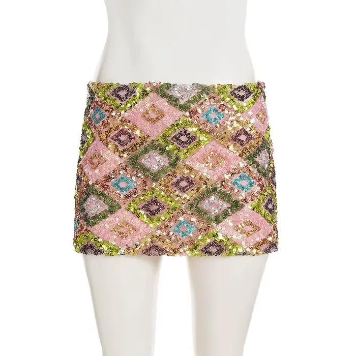 TRAUXY Sexy paillettes scintillantes Mini jupe femmes élégantes taille basse jupes droites