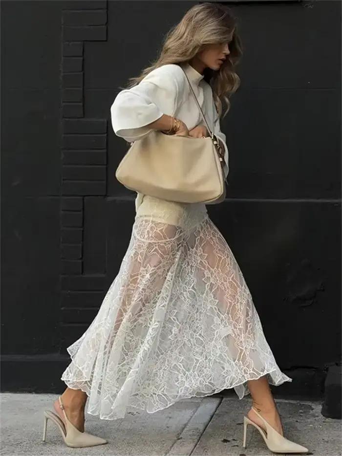 Jupe longue transparente en dentelle imprimée pour femme