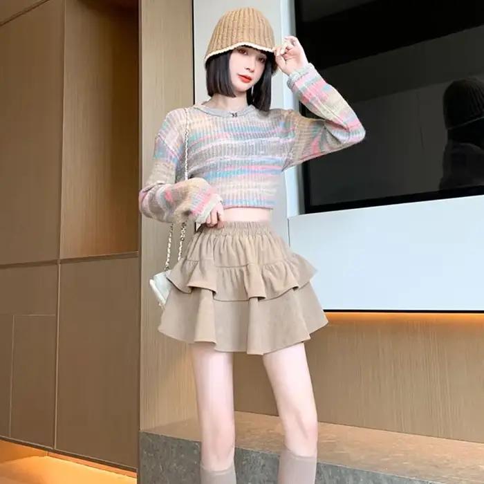 Fanan – jupe trapèze taille haute à volants bouffants pour femme, jupe plissée en velours côtelé assortie avec tout, Mini gâteau Vintage Y2K, nouvelle collection automne 2024