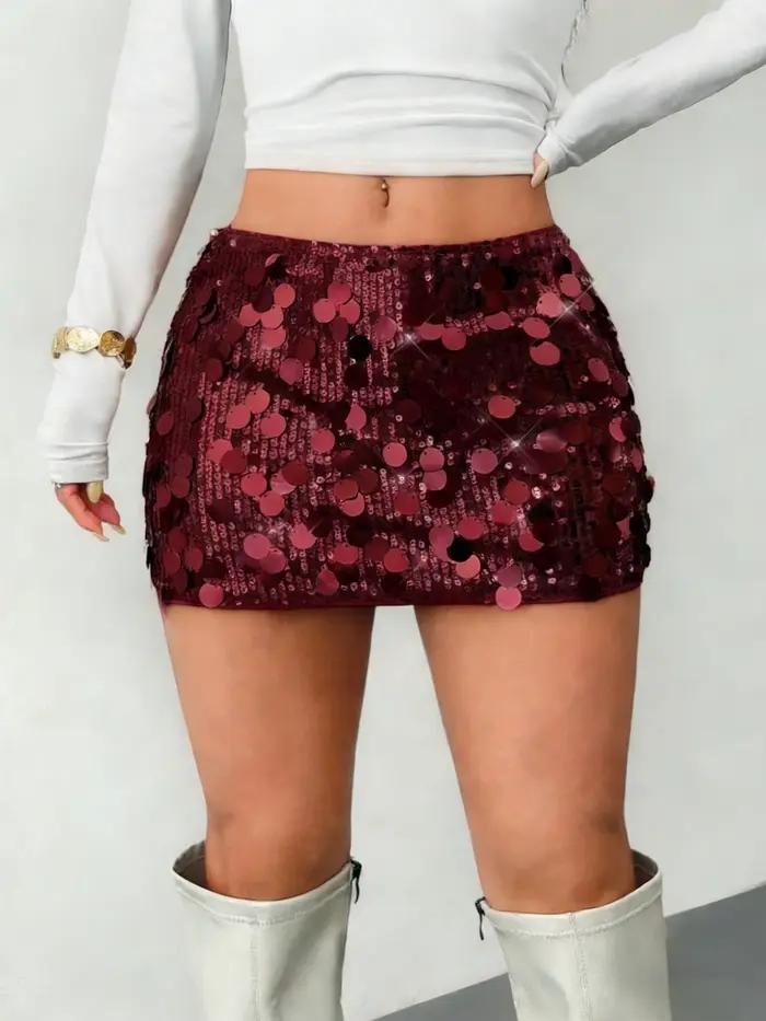 Mini-jupe moulante à sequins bordeaux taille haute pour femme