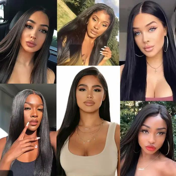 Perruque Lace Front Wig Synthétique HD Sans Colle, Cheveux Longs et Lisses, Noirs Naturels, Pre-Plucked, Fibre de Degré de Chaleur, pour Femme