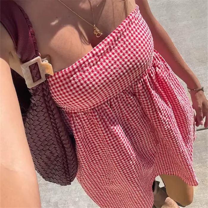 Femmes vichy Mini robe Cami Plaid Spaghetti sangle dentelle garniture robe courte col carré dos ouvert mignon robe de soirée