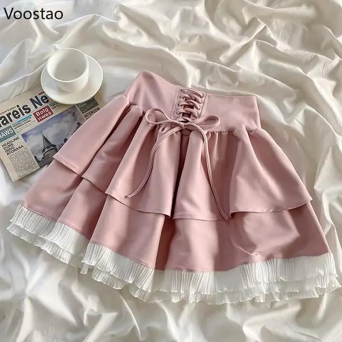 Ensemble jupe Sweet Lolita pour femme, chemisier court à manches bouffantes, mini jupe à volants roses, col carré, nœud français élégant, imbibé