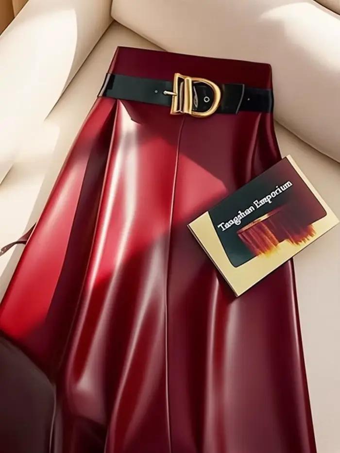 Jupe mi-longue en cuir PU rouge pour femmes