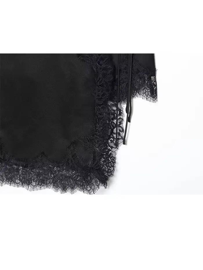 HH femmes mode polyvalent noir dentelle Satin jupe femme taille moyenne tempérament mince fermeture éclair nœud à