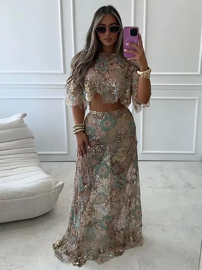 Rétro brodé paillettes haut jupe longue ensemble dame Sexy irrégulière hauts courts Perspective perles jupes ensembles femmes 2025 Chic rue