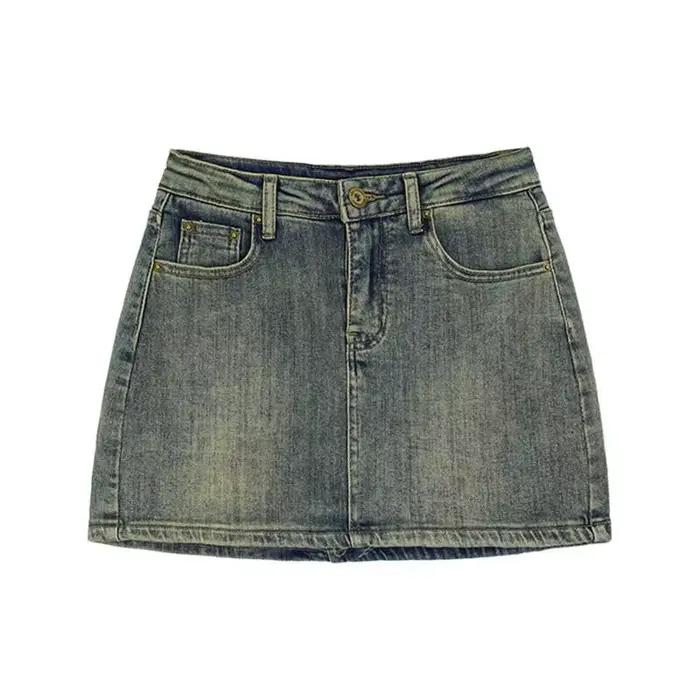 Jupe mini trapèze taille haute en jean rétro pour femme, style 'Spicy Girl', amincissante, anti-transparence, mi-longue, tendance streetwear pour l'été