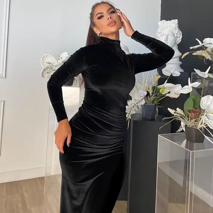 Robe fourreau sexy pour femme, col roulé, longue, plissée, moulante, en velours, maxi, pour printemps automne 2026, soirée, coupe ajustée, Vestidos