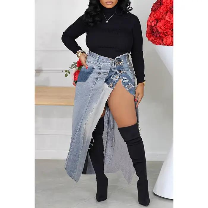 Jupe courte en denim rétro pour femmes, grande taille, décontractée, bouton, jambe fendue, jupe ronde, polyester acétate, style mode et décontracté, polyvalente, été hiver printemps