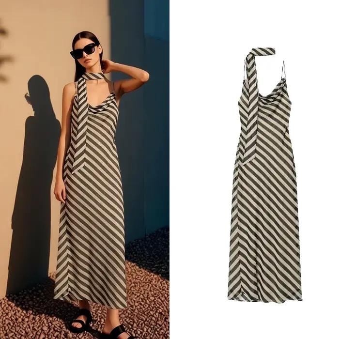 Robe longue d'été pour femme, nouvelle collection, imprimé rayé, col foulard chic, bretelles spaghetti, robe de soirée