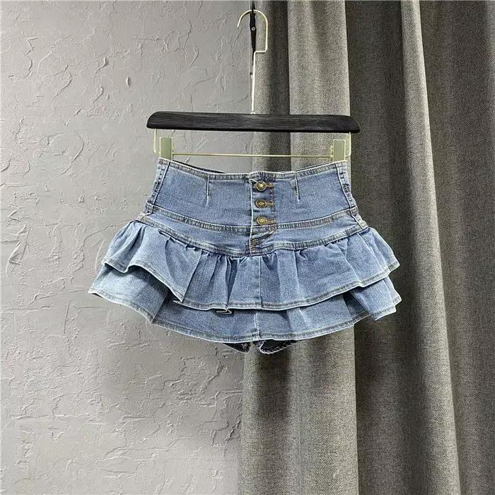 Jupe Courte Plissée Imprimée en Jean Bleu Taille Haute Style Y2K Rétro Mignonne Sexy Streetwear Femme Nouvelle Collection Été 2026