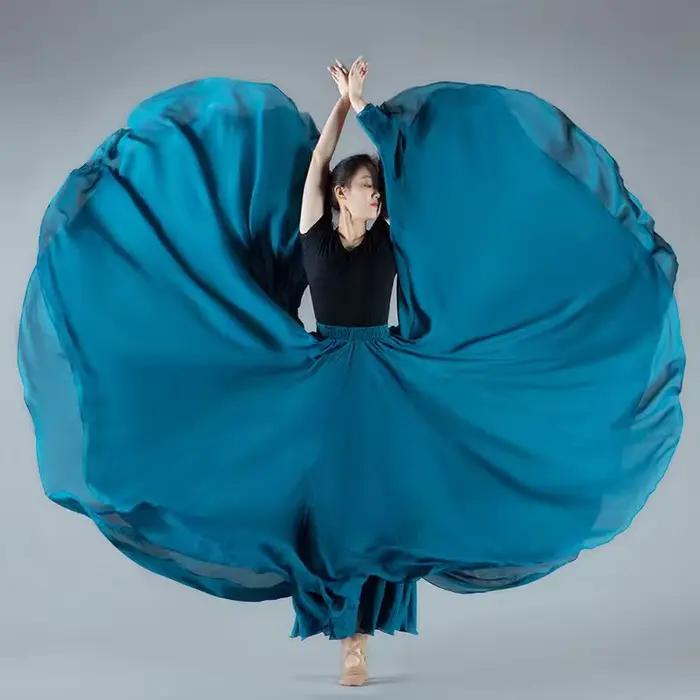 Jupe de danse plissée à 720 degrés pour femmes, couleur unie, taille haute, en mousseline de soie, grande balançoire, longue jupe pour spectacle sur scène
