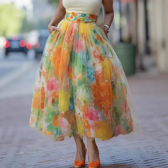 Jupe midi en tulle à imprimé floral