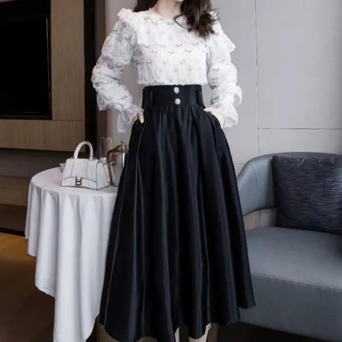 Jupe midi noire taille haute pour femme