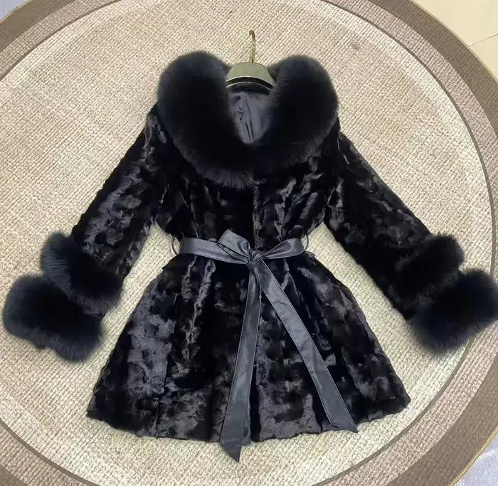 Manteau en fourrure de vison véritable pour femmes, veste avec col en fourrure de renard, pardessus Long élégant de luxe