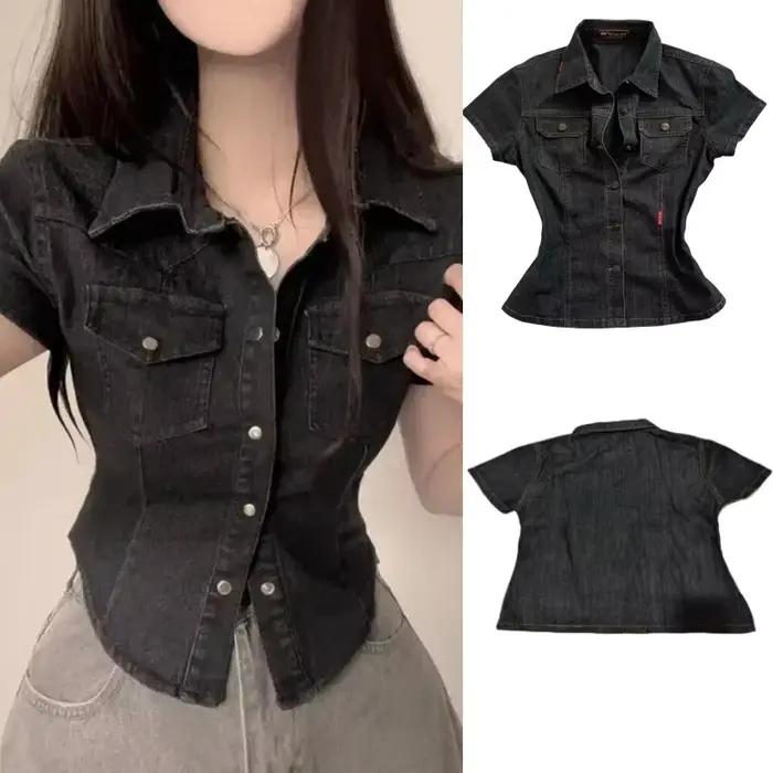 Chemise en jean noire pour femme, manches courtes, boutonnée, coupe classique, col à revers, ajustée, extensible, pour usage quotidien