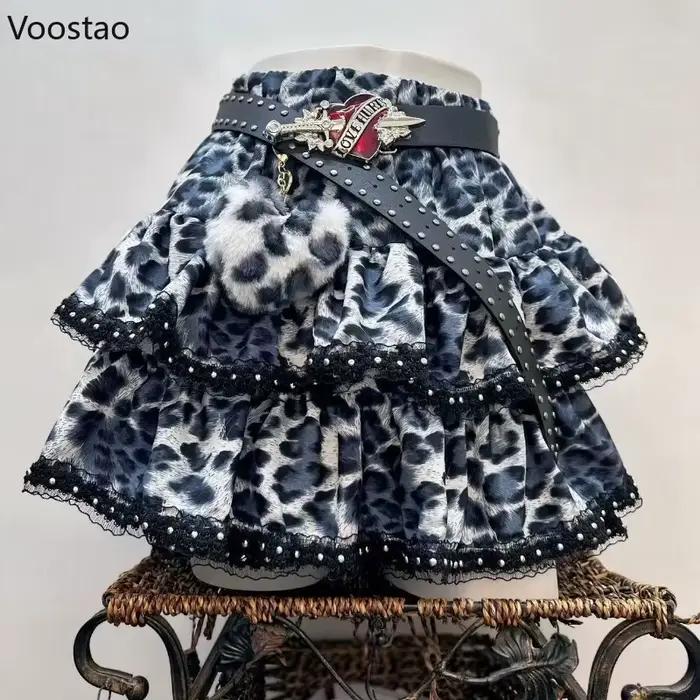 Jupe en jean style Lolita vintage japonaise esthétique Y2K pour femmes mini gothique imprimé léopard streetwear Harajuku punk JK sortie nocturne
