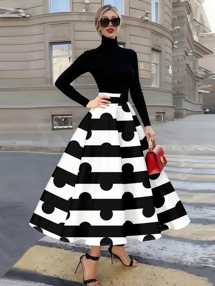 Jupe midi décontractée à pois et rayures noires et blanches pour femme, coupe trapèze, taille haute, idéale pour l'été, le bureau, les soirées et le travail, jupe tendance