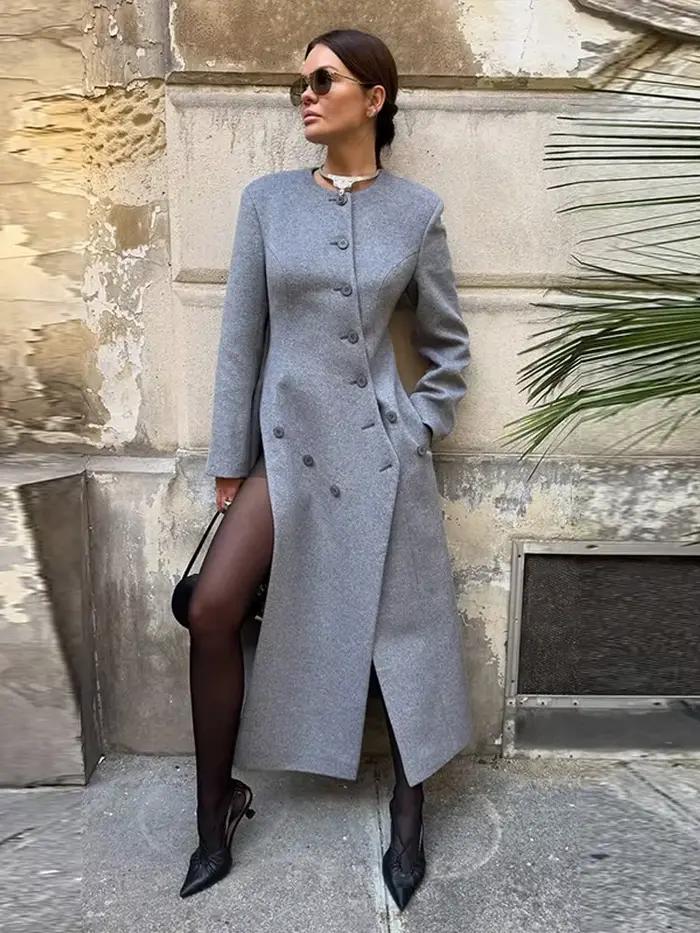 Manteau Long en laine grise pour femmes, col rond, manches longues, boutons asymétriques, Design, Silhouette élégante, vêtements d'extérieur chauds, manteau d'automne 2025