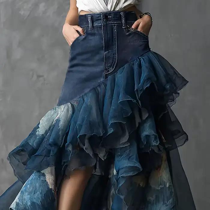 Jupe longue asymétrique en jean et tulle à volants pour femme