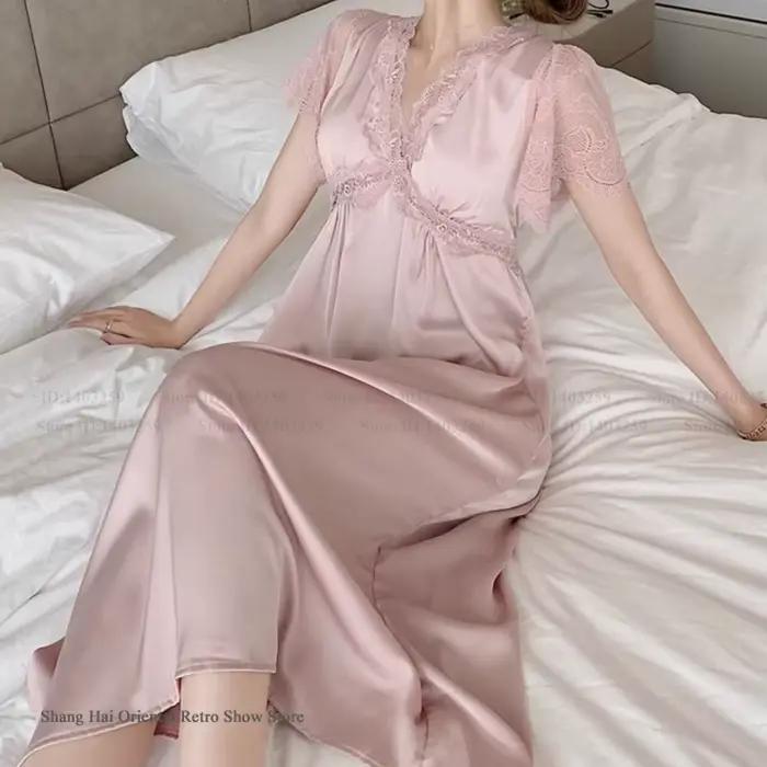 Chemise de nuit en satin à manches courtes pour femmes, vêtements de nuit élégants, robe de maison, style palais, princesse, longue, été