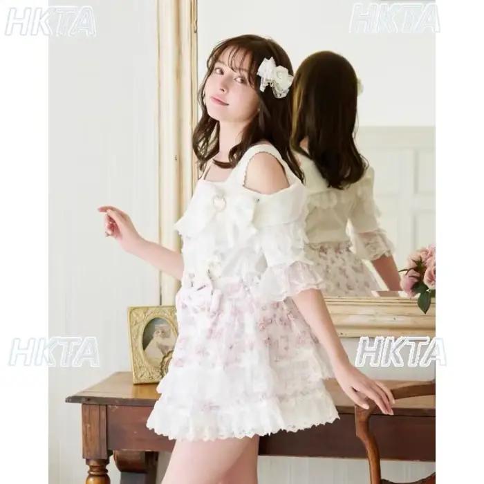 Jupe Courte Liz à Motifs Floraux, Nouvelle Collection Été, en Dentelle Douce avec Grand Nœud, Taille Haute Élastique, Style Féerique Lolita Japonais et Coréen pour Femme
