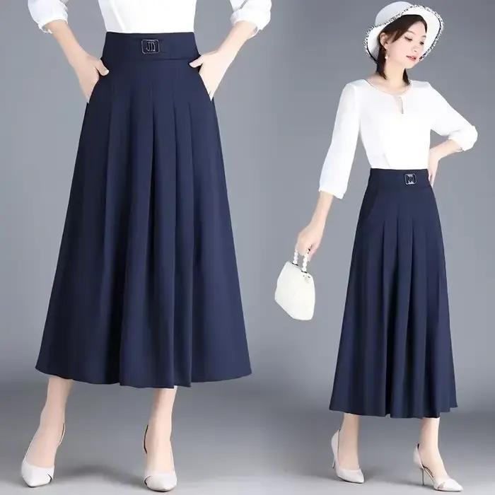 New Skirt Mid-length A-line Pleated Fashionable and Elegant Solid Color Versatile Casual High-waisted Large Hem