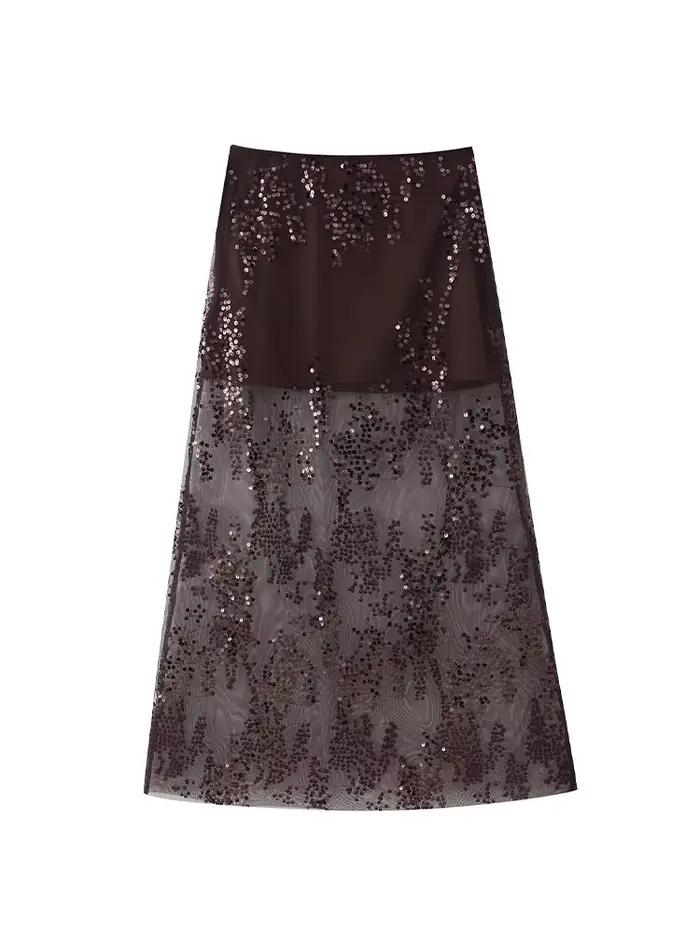 HH femmes mode été jupes solide taille haute brodé paillettes décoration fermeture éclair gaze jupe femme Sexy mince jupes longues