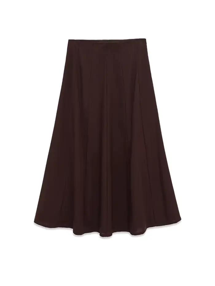 Jupe mi-longue plissée marron taille haute pour femmes, avec fermeture éclair latérale, pour une mode élégante