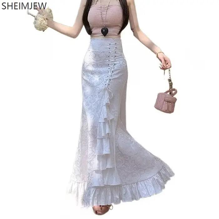Jupe femme Style rétro jeu de rôle cour victorienne robe sirène longue Sexy à volants mince queue de poisson dentelle