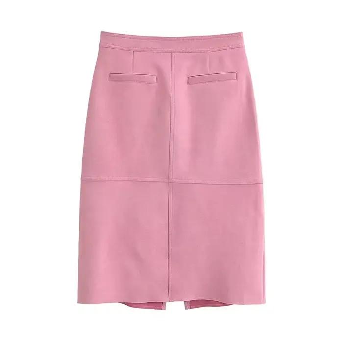 YENKYE Jupe midi rose en faux daim pour femme, avec fente avant et fermeture éclair, élégante, pour le bureau et le travail