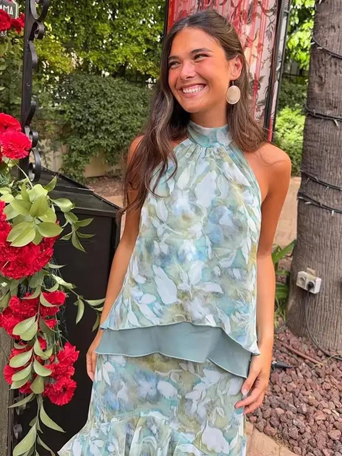 Ensemble jupe longue et haut dos nu à imprimé floral pour femme, sans manches, avec jupes à volants, tenue de plage bohème pour les vacances, été 2026