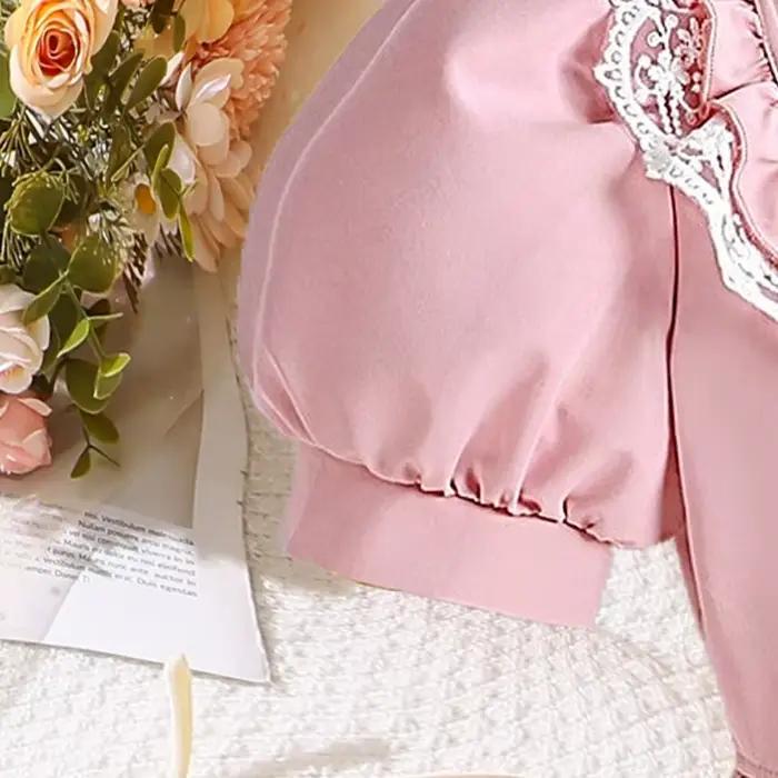 Robe jupe longue rose douce et élégante pour filles de 8 à 12 ans, col carré, manches bulles, robe de soirée de princesse en dentelle, été