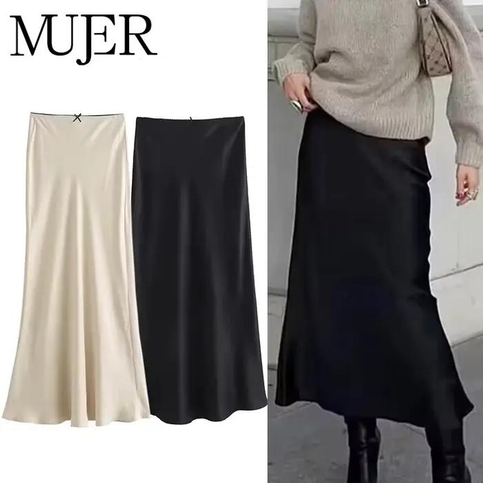 MUJER noir Satin jupe femme nœud élégant jupes longues pour les femmes 2025 été taille haute