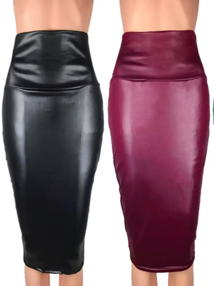 Jupe mi-longue en simili cuir PU mat pour femmes